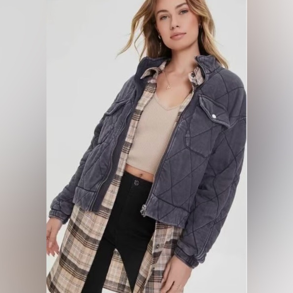 Forever 21 Quilted Zip Jacket in Charcoal